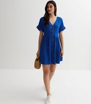 New Look Blue Button Front Mini Smock Dress